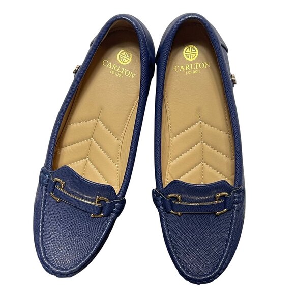 Carlton London Textured Moc-Toe Wedges in Navy Blue with gold accents, size US 9 - Picture 9 of 14